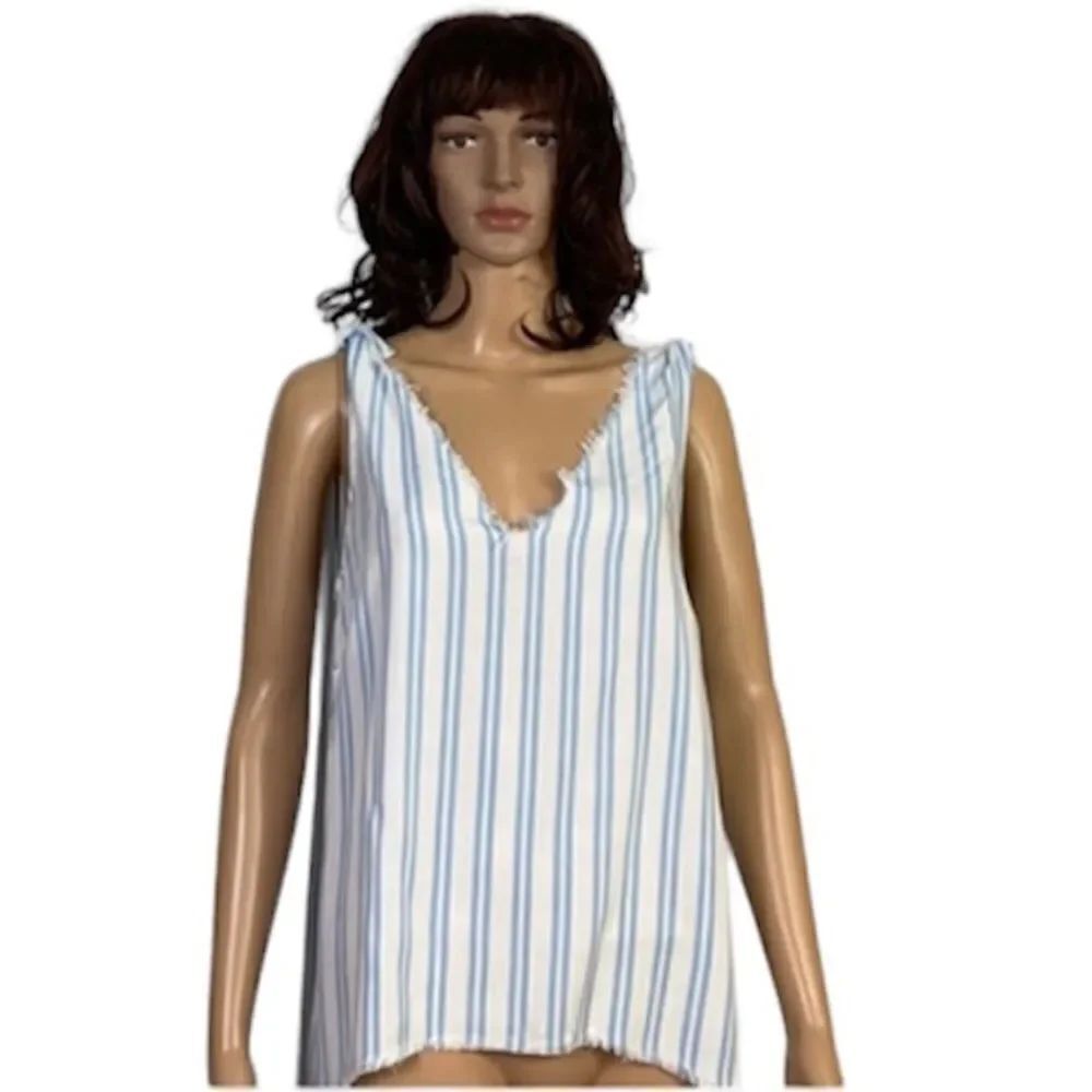 Alcre Womens Striped Raw V-Neck Sleeveless Hi-low Hem Tank Top Blue White Medium
